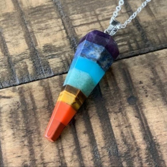 Multi Stone Chakra Pendant Point Silver Necklace - Picture 2 of 3